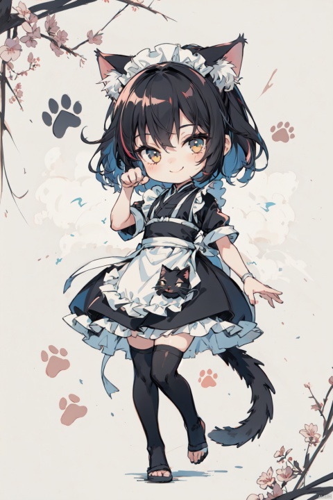  1girl, multiple colored hairs, maid, cat tail, smile, thighhigh, paw posing, paw, paw stamps, paw stamps, paw stamps,hair,smiling,
lovely,cute,chibi,detailed background, (\ji jian\)