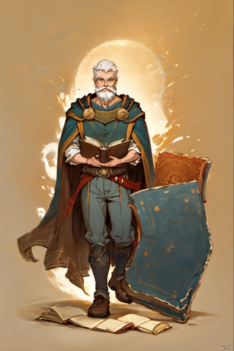 (european and american style) (character drawing), 1boy, male focus, facial hair, solo, beard, book, mature male, white hair, mustache, muscular, old man, full body, cape, old, boots, muscular male, magic, holding book, holding, standing, open book, brown footwear, armor, belt, glowing, wrinkled skin, pants, short hair, simple background, bara, wizard