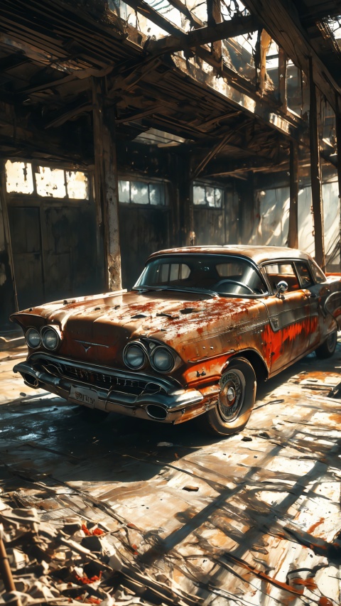A photo realistic image of a complete rusted, four-door, (((blood red))), (((1958 Plymouth Fury))) in an old garage full of tools, night, focus on the intricate details of its faded paint job, the wear and tear on the tires, and the aged textures of the metal body. Use the multi-prompt "car::photorealistic::rust" with a prompt weighting of "rust" to emphasize the aged textures and worn out look of the car, car,photo r3al