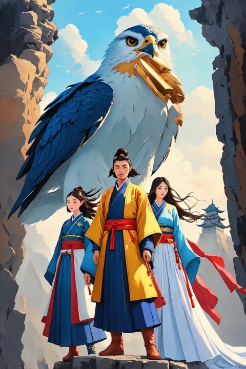  (Masterpiece, best picture quality), a giant falcon in the sky, a young handsome swordsman along with beautiful young woman by his side (((young swordsman, and young beautifyl woman))), (((a giant falcon flying in the sky along with man and woman)))
ultra high definition photo quality, shanhaijing, BJ_Sacred_beast, Chinese_armor, Illustration, gugong, ananmo, Swordsman