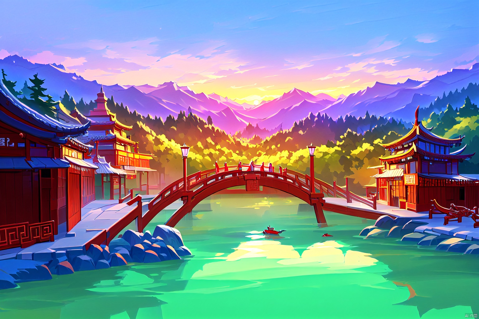 best quality, ultra-detailed, (no humans: 1.5), distant mountains, ancient Chinese buildings, structurally intact wooden bridges, rivers, boulders, soft natural sunlight, mixed Chinese landscape style elements