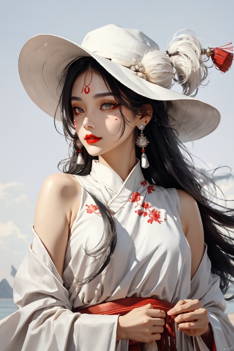 1girl, solo, long hair, looking at viewer, hair ornament, hat, jewelry, upper body, white hair, earrings, grey eyes, makeup, facial mark, chinese clothes, tassel, forehead mark, red lips