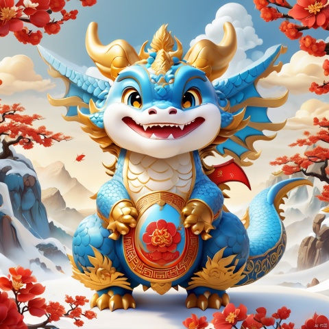 masterpiece, Ultra-high quality, Chinese New year, Gold accents, Blue auxiliary, Cute baby dragon, Xiangyun, White background, Details, Panoramic view, Add details, Upper body, Positive perspective, 3D rendering, poakl cartoon newyear style