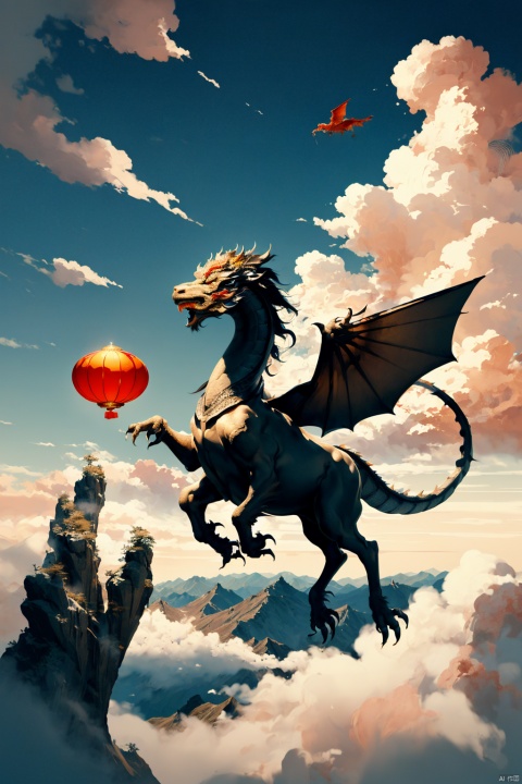  Chinese dragon, flying posture, artistic style, dynamic lighting, clear lines, high contrast, absurd, best quality, sea of clouds sky background, perfect composition, contrast composition, whole body, HUBG_Rococo_Style(loanword),(moutain),gas,tree,wooden