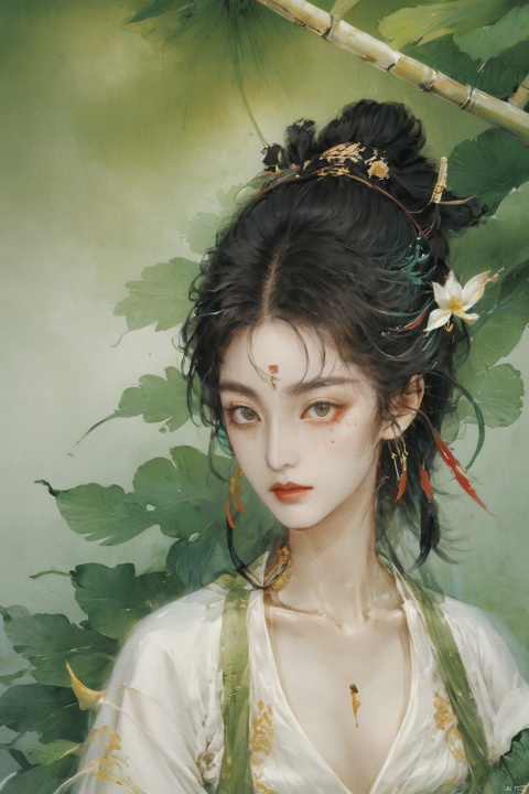  Ancient young male ((male characteristics)) Highest picture quality, beautiful eyes, luminous eyes, exquisite features, express lips,(cleavage:1.5),(Clavicle),(table),expression, gentle eyes (Chinese painting illustration) (((Clear))) (((artistic conception)) Watercolor long hair tie details, Hanfu, eardrops, eye light, long eyelashes, close-up portraits, bamboo shadows, soft light, green tones, warm yellow sunlight, high contrast,Ink scattering_Chinese style, smwuxia Chinese text blood weapon:sw, lotus leaf, (\shen ming shao nv\)