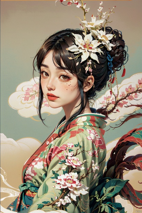  Ukiyo-e style, 1girl, solo, hair ornament, japanese clothes, flower, kimono, looking at viewer, hair flower, upper body, brown eyes, mole, blush, mole under eye, bangs, red flower, closed mouth, sidelocks, floral print, brown hair, white background, from side, simple background, sash, obi, print kimono, looking to the side, petals, long hair, hair bun, Ukiyo-e style, chinese style, macron