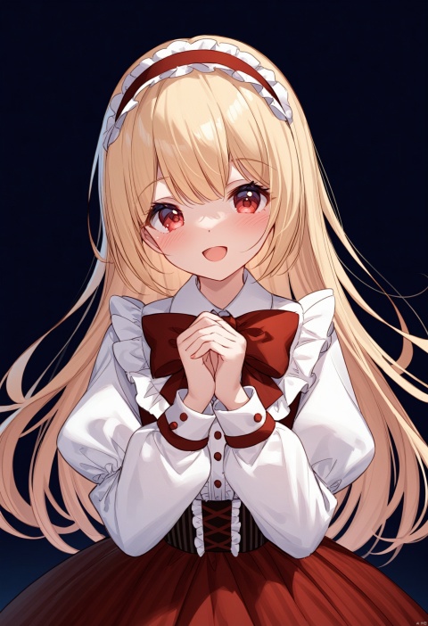  1girl, solo, blonde hair, red eyes, long hair, looking at viewer, smile, long sleeves, open mouth, upper body, black background, bangs, blush, hairband, :d, own hands together, puffy sleeves, frills, bow, ribbon, white shirt, shirt, hands up, 
BREAK, 
fine fabric emphasis, best quality,amazing quality,very aesthetic,absurdres,masterpiece,best quality,amazing quality,very aesthetic,absurdres,