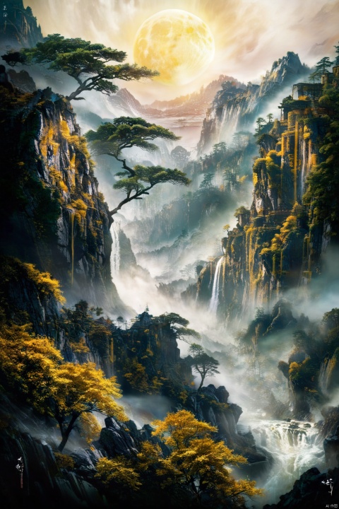 Majestic New Chinese art style masterpiece: 'Golden Moon on Lushan Mountain'. A breathtaking 8K scene unfolds as layers of mountains converge, with a majestic waterfall cascading down the central peak. The golden moon hangs suspended in mid-air, radiating a warm glow amidst the misty veil. Cinematic lighting effects cast long shadows, emphasizing the textures of ancient trees and rugged rock formations. Every detail is meticulously rendered, from the intricate foliage to the subtle play of light on the water's surface, creating a stunning 8KUCG wallpaper that demands attention.