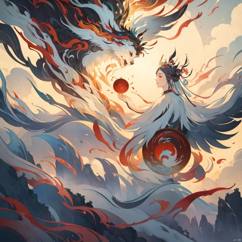 A high-definition, detailed illustration of Fuxi and Nüwa representing Yin and Yang respectively on a Tai Chi diagram, dressed in ancient Chinese attire with ornate headdresses. Fuxi holds a red energy sphere symbolizing Yang, while Nüwa cradles a blue energy sphere symbolizing Yin. Enveloped in mystical clouds, the scene conveys an otherworldly mythological ambiance, reminiscent of masterpieces by Greg Rutkowski and Midjourney, trending on ArtStation and CGSociety, with intricate details, sharp focus, and dramatic photorealistic painting art.