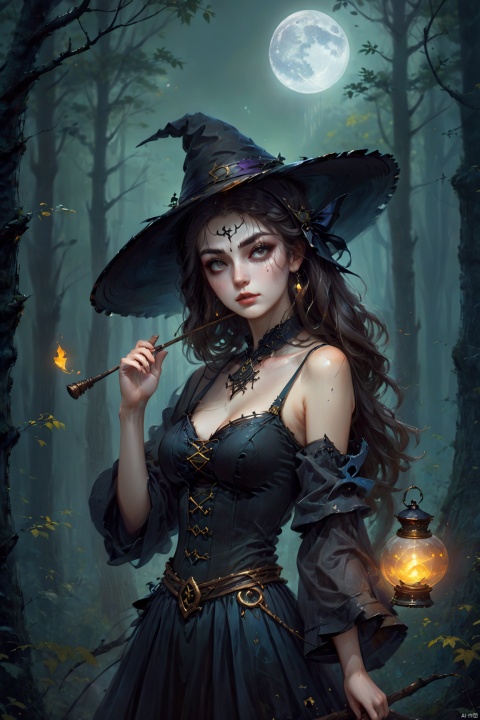 A sexy beautiful girl wearing a witch costume, the costume is black with some mysterious symbols. Her hair is blown by the wind, holding a magic wand in her hand, her eyes are full of mystery and temptation. Behind her is a hazy forest, the moonlight shines through the treetops and falls on her, creating a mysterious and tempting atmosphere, trending on ArtStation, trending on CGSociety, Intricate, High Detail, Sharp focus, dramatic, photorealistic painting art by midjourney and greg rutkowski.