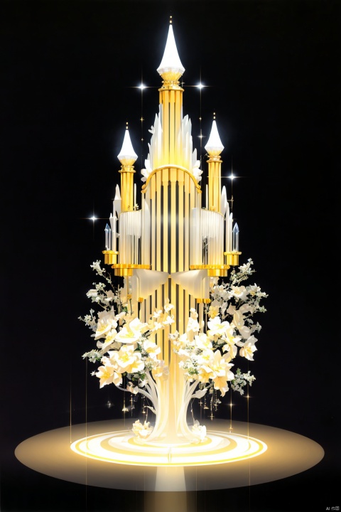 Wide shot aerial photo of a Crystal made perfect hologram body pipe organ,white and gold translucent theme, modern luxury translucent body, In luxury baroque style room