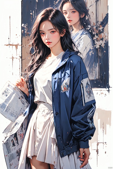  (Reality :1.3), Official art, Uniform 8k quality, Super Detail, 1 girl, newspaper wall background, jacket, blue jacket, shirt, white skirt, (/qingning/), (\MBTI\)