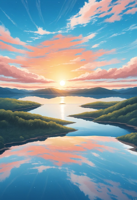  A photo titled "Kingdom of the Sky", taken on a Nikon D850 in the style of Veslaw Wakuski, shows a ultra-high-definition image. The photo depicts a lake with a setting sun, its surface reflecting feathery clouds. The entire composition is bathed in a pure and vibrant blue., keai, Anime style, uncleview