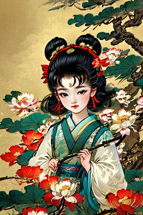(Masterpiece), (Best Quality), a little girl around 10 years old, Red Cliff, very cute and beautiful, with black hair and exquisite hair accessories, dressed in Chinese clothing, holdingflowers,,小心思, keaiduo,古风少女书签
