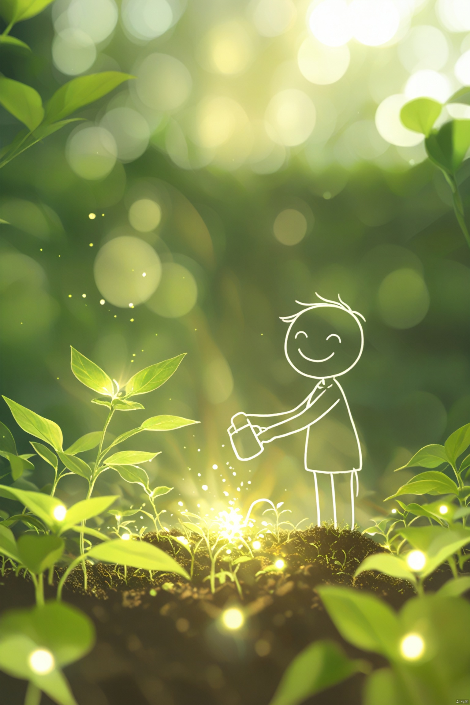  A white line art stick figure with a smile on his face, He was watering the seeds of his small plants (line art) in the ground. The background is a bokeh effect flower garden with burning green and white light dots, with sunlight penetrating through the leaves, detailed, hyper realistic, uhd. make sure the visual impression is creative and attractive
