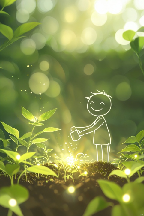  A white line art stick figure with a smile on his face, He was watering the seeds of his small plants (line art) in the ground. The background is a bokeh effect flower garden with burning green and white light dots, with sunlight penetrating through the leaves, detailed, hyper realistic, uhd. make sure the visual impression is creative and attractive