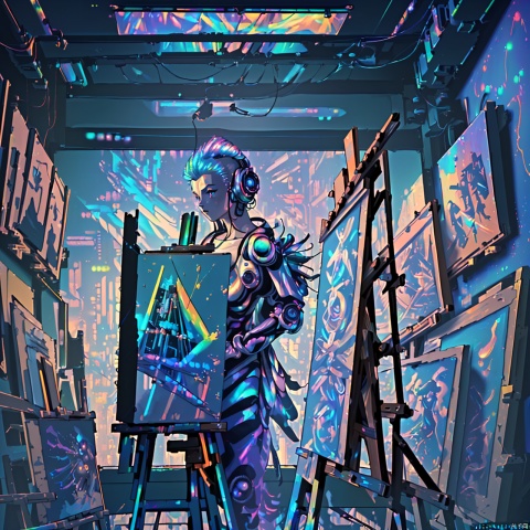 (masterpiece, best quality, highres, absurdres, detailed:1.2), humanoid, robot, wearing headphones, looking away, (cyberpunk, art canvas, paint brush, easel, iridescent, holographic: 1.6), (cables, wires, flames, fire, smoke, overheat, explosion, indoors, room, background)