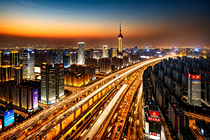 A bustling night view of Beijing city, illuminated skyscrapers, a road with heavy traffic, the distant skyline lit up by lights, the hustle and bustle of the city seems to stop at this moment, high-definition picture, high-quality picture.