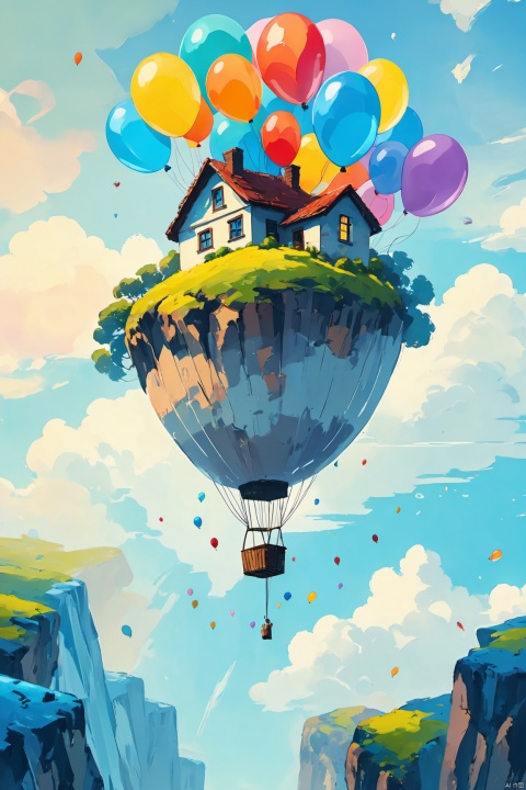 (a cinematic stylized painting of a house in the sky being lifted by a ton of balloons on strings:1.2),Up animated movie scene,close_shot, (Pixar concept art:1.3), (very dramatic lighting, volumetric lighting:1.2), taken on hasselblad medium format camera,, (very dramatic lighting, volumetric lighting:1.2),(clear blue sky:1.2), soaring above tropical paradise landscape, (adventure feel:1.1), waterfalls and cliffs below, (sense of wonder:1.2), fluffy clouds floating by, (bright color palette:1.3), (8k resolution:1.0),Frosty anime style, , 
