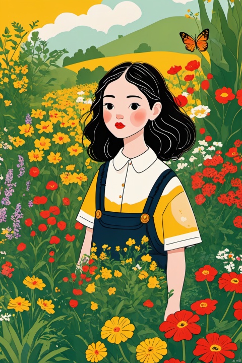 (Flat color: 1.2) The screen imitates the Gucci style, with a yellow background and an overall non crowded image. A girl is surrounded by flowers and plants in the flower bushes. Her attire consists of a white shirt, a red undershirt, no headwear, and black curly hair; The screen content presents many types of flowers in the spring outdoor natural garden (with more and smaller flowers), and the picture quality is soft and clear; Birds, butterflies