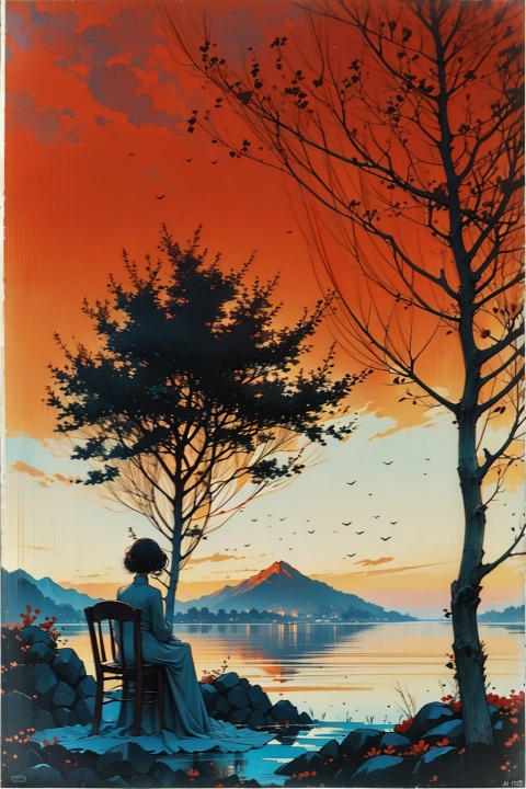  (ultra detailed, High quality ,best quality, High precision, Fine luster, UHD, 16k), (official art, masterpiece, illustration), A landscape painting with a lake, pine trees and a sunset, thick fog, with clear new pop illustrations, (large area of white space, one-third composition: 1.3), minimalist world, beige gray, Chinese Jiangnan scenery, digital printing, lake and mountain scenery, sunset and solitary crane flying together, guofeng, xinxihuan,zydink,white background