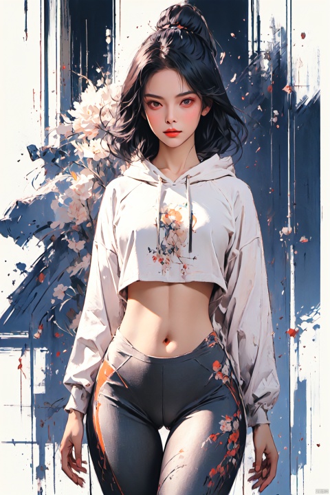  best quality, masterpiece, wearing leggings and a crop top hoodie, cameltoe, (thigh thigh gap 1.1), slim, petite, detailed facial features, detailed, symmetry, cinematic lighting, cameltoe, jujingyi, molika, yunv