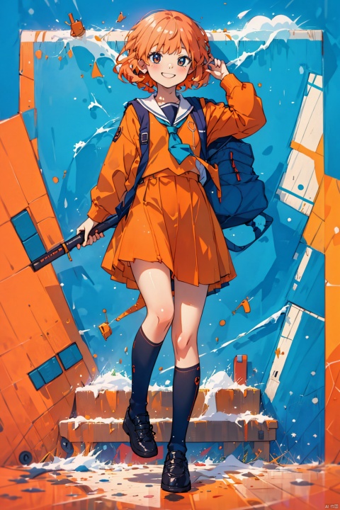  with an orange background, portrait,,school_uniform, 1girl,smile