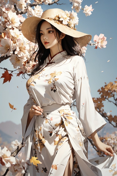  1 girl, wearing a white dress with floral patterns printed on it, featuring gold and white themes for a sense of coordination, order, (big breasts:1.2), close-up, upper body, outdoor, front, best image, fallen leaves, branches, autumn leaves, Chinese clothing, ancient style, Chinese long skirt, long sleeves, double layered light gauze skirt, brown eyes, black hair, ultra-high definition, super-resolution, high-resolution, meidusha