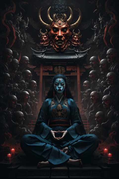 a woman meditating in front of lots of
masks, in the style of zhang jingna, photomontage, hirohiko araki, oriental, sergio toppi, theatrical, poster art,jiangchen