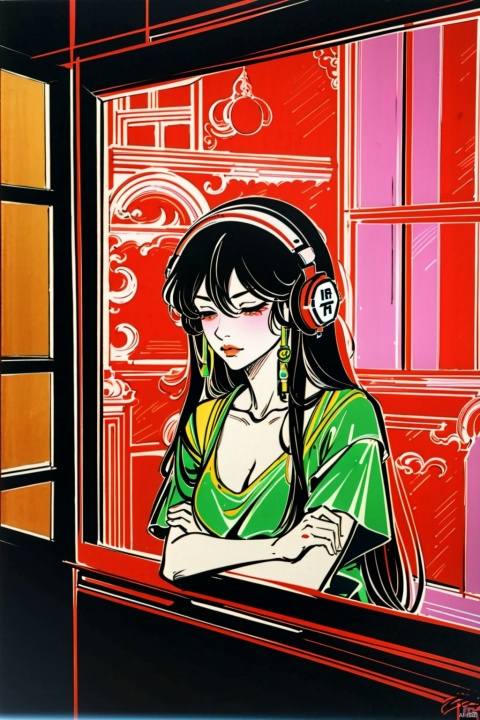 A girl is meditating in her room, wearing headphones, outside the window, night lights, neon lights in rainy days, (\MBTI\), (\shen ming shao nv\), maolilan