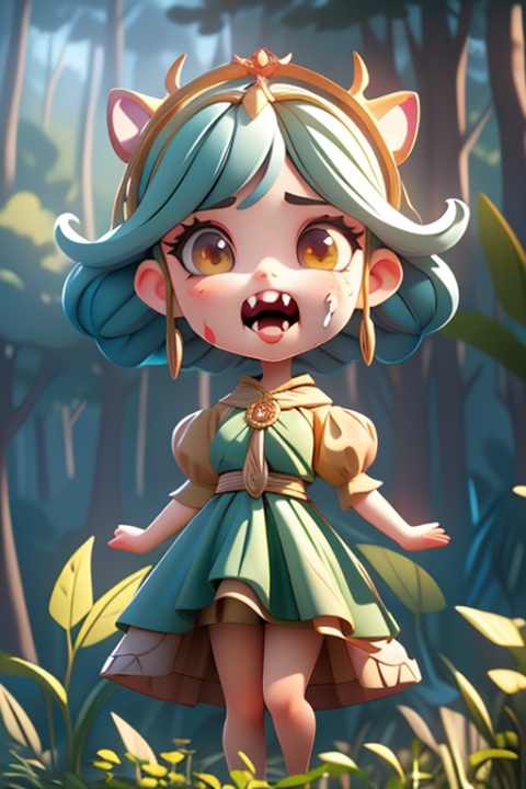 standing in a lush green forest, surrounded by exotic plants and animals. She has a serene expression on her face, and a soft golden light filters through the trees. (Fantasy:1.2), (natural beauty:1.1), (dreamlike atmosphere), (soft pastel colors), (impressionist painting), nosebleed, crazy, fangs, from outside, atmospheric perspective, perspective,fbot,pixar,full body