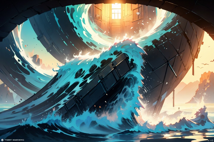  A stairway leading to a gate of light, above the surging waves, the waves crashing against the stairs, sunlight streaming through the gate, illuminating the stairway and the waves, creating a mysterious and peaceful atmosphere. A high-definition picture of a stairway to heaven over the ocean with dramatic waves and sunlight shining through the gate, trending on ArtStation, by Greg Rutkowski, photorealistic painting art by Midjourney.