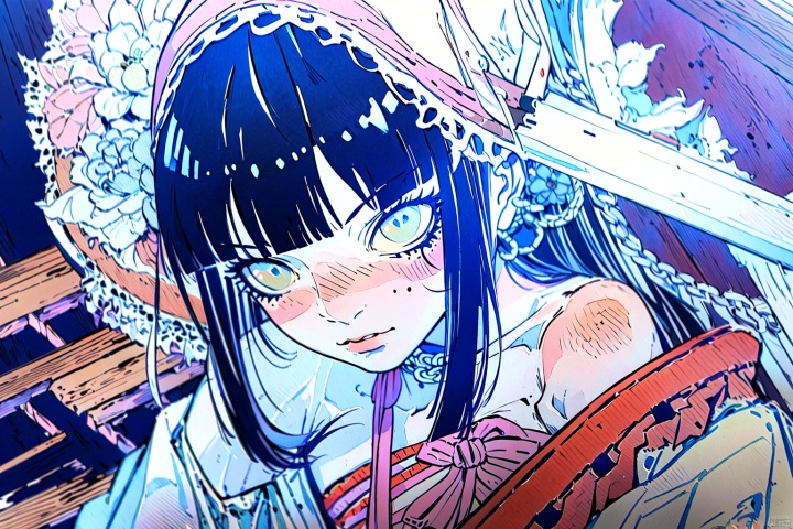 (watercolor_medium), ((ukiyoe style)), ((((masterpiece)))), (((best quality))), (illustration),(1girl:1.5),(solo:1.5), ((an extremely delicate and beautiful)), ((little girl)) , cute, ((hime_cut)), side blunt bangs,(ultramarine hair:1.2), hairs between eyes, ribbons, Bracelet , bare shoulders,((japanese_clothes)), sakura, ((slit pupils)), ((miko)), (off_shoulder), ace, (Kagura Suzu),sword
