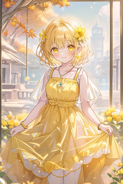  (bubble:1.5),1girl, solo, breasts, looking at viewer, blush, smile, short hair, bangs, hair ornament, dress, jewelry, closed mouth, standing, yellow eyes, flower, earrings, outdoors, sky, sleeveless, day, hair flower, water, necklace, bracelet, tree, see-through, sleeveless dress, hair intakes, white flower, building, sunset, yellow flower, skirt hold, jack-o'-lantern, autumn leaves, yellow dress, orange dress, (\meng ze\), Light master