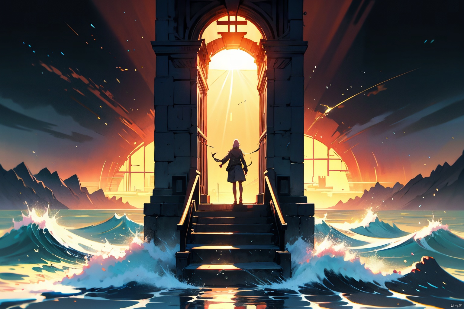  A stairway leading to a gate of light, above the surging waves, the waves crashing against the stairs, sunlight streaming through the gate, illuminating the stairway and the waves, creating a mysterious and peaceful atmosphere. A high-definition picture of a stairway to heaven over the ocean with dramatic waves and sunlight shining through the gate, trending on ArtStation, by Greg Rutkowski, photorealistic painting art by Midjourney.