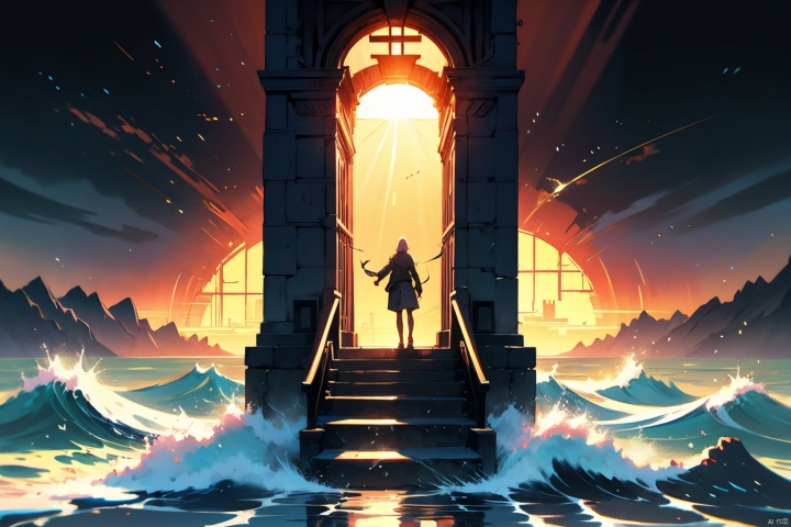  A stairway leading to a gate of light, above the surging waves, the waves crashing against the stairs, sunlight streaming through the gate, illuminating the stairway and the waves, creating a mysterious and peaceful atmosphere. A high-definition picture of a stairway to heaven over the ocean with dramatic waves and sunlight shining through the gate, trending on ArtStation, by Greg Rutkowski, photorealistic painting art by Midjourney.