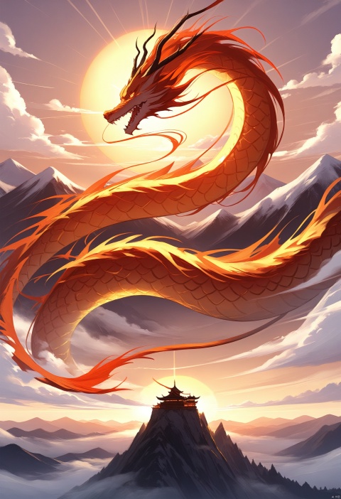  A giant Chinese dragon hovers in the Misty Mountains, its body covered with gold and red scales, its eyes sparkling with wisdom. It opens its big mouth, showing its sharp teeth, as if to show its Majesty to the world. In the background are high mountain cliffs, the sun shining through the clouds on the dragon, forming a mysterious and solemn atmosphere., tianhai