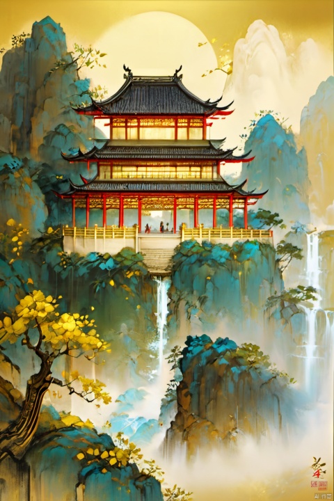  Landscape background, trees, no people, scenery, rocks, buildings, Bridges, Chinese architecture, palaces, heavenly palaces, waterfalls,weidiao_house