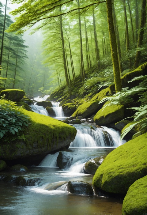 A background with forest plants,water flowing around moss and stones,realistic style,detailed foliage,best image quality,只有展台