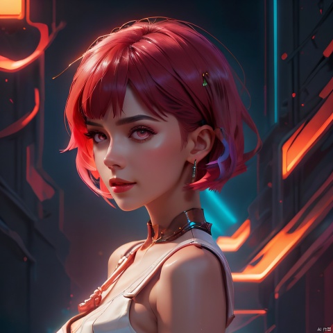 A close-up of a girl with bright red short hair, her eyes are sparkling and lively, a subtle smile playing on her lips. The skin is fair, and the red hair shines in the light, creating a vivid and vibrant image with rich colors, high definition photo, high quality picture, detailed illustration, sharp focus, dynamic and colorful artwork, digital painting by trending artists, modern aesthetic, by Greg Rutkowski, Midjourney, ArtStation, CGSociety, Trending on Twitter, High Detail, Realistic, Photorealistic, Aesthetically pleasing, Cinematic lighting, Sharp focus, Full of character and emotion.