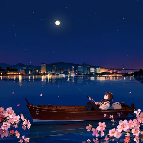  A young girl lying comfortably on a boat, looking up at the starry night sky filled with colorful flowers surrounding the boat, reflecting the bright moon on the lake surface, distant cherry blossom scenery in the background, medium and long distance view, deep depth of field, detailed details. High resolution image, vivid colors, dreamy atmosphere, romantic scene, beautiful night sky, blooming flowers, reflection of the moon on the lake, distant cherry blossoms, serene environment, peaceful mood, starry sky, flower decoration, boat ride, comfortable position, young girl's innocence, tranquility., eluosi, blackpantyhose, qiqiu, 1girl