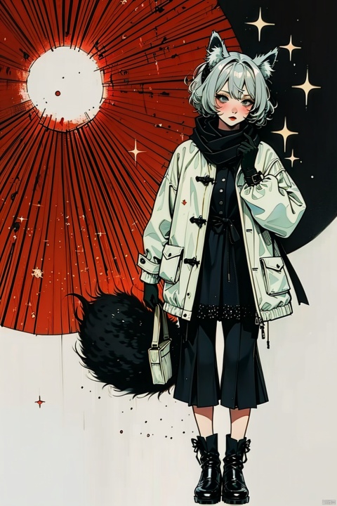  1girl, solo, looking at viewer, blush, short hair, simple background, gloves, white background, animal ears, jacket, tail, full body, grey hair, black gloves, scarf, coat, grey eyes, fox ears, sparkle, fox tail, white footwear