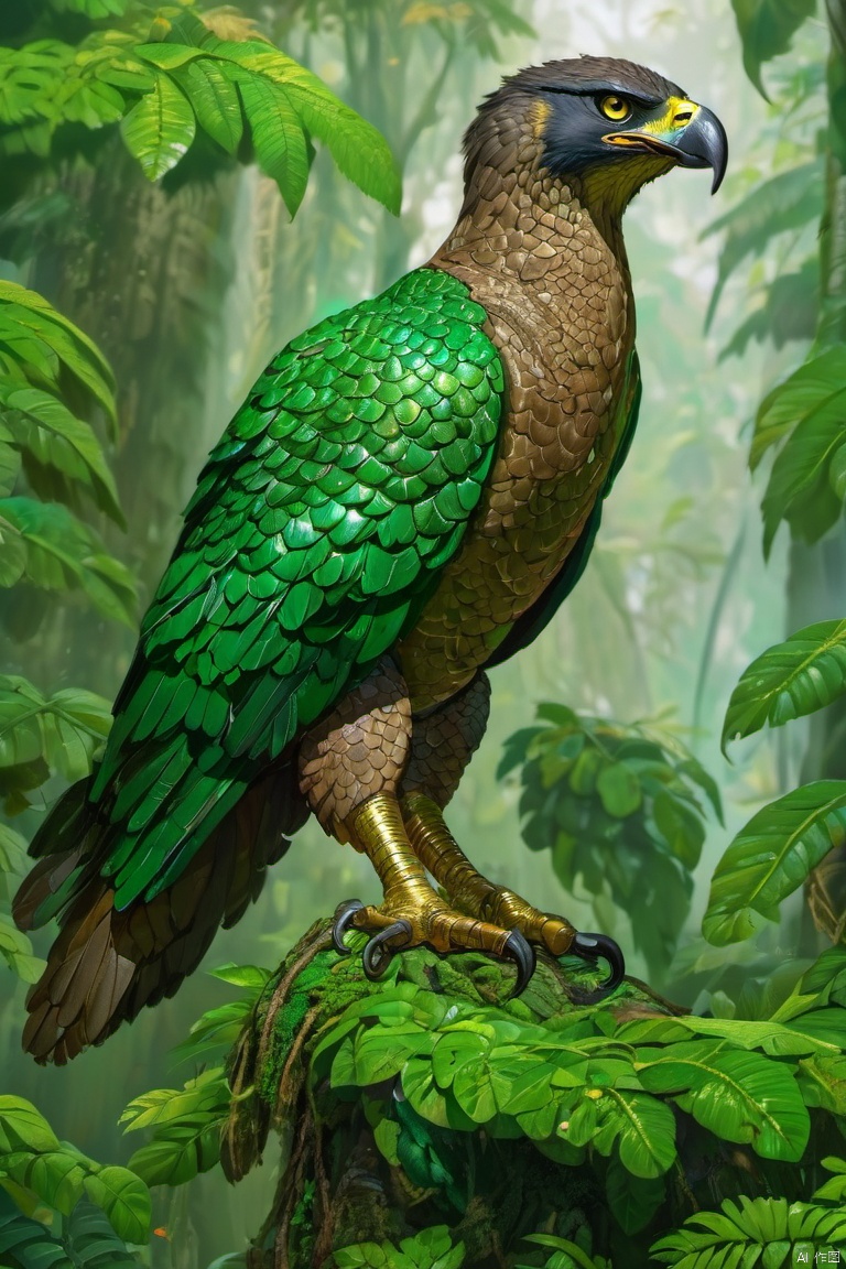  Emerald Serpent Eagle, A creature with the body of a serpent and the head and wings of an eagle. Its scales are a lush green, reminiscent of a dense, enchanted forest, and its eyes hold the wisdom of the ages.