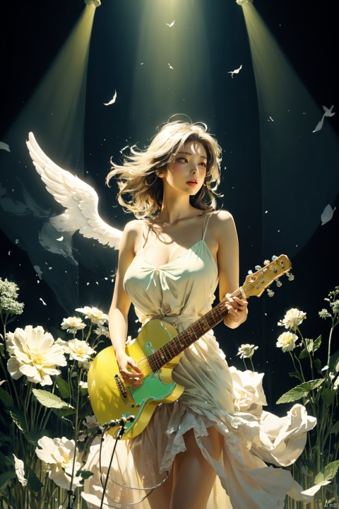  A beautiful model singing soft alone on an empty stage with a yellow and mint dress, music , with advance shading, angelic lighting, ethereal, colourful, trippy, surreal, whimsical, fantasy, Hiroki Arataki art style, detailed, Bright colours, huge_boobs