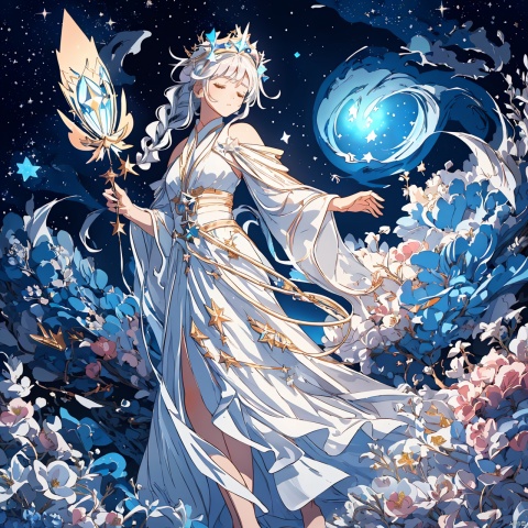 (silver,  glimmer)), contrast, phenomenal aesthetic, best quality, sumptuous artwork, (masterpiece), (best quality), (ultra-detailed), (((illustration))), ((an extremely delicate and beautiful)), (detailed light), cold theme, broken glass, broken wall, ((an array of stars)), ((starry sky)), the Milky Way, star, Reflecting the starry water surface,(1girl:1.3), awhite hair, blinking, white dress, closed mouth, constel lation, flat color, white hair, braid, blinking, white robe, barefoot, float, flat color, looking up, standing, medium hair, standing, solo, space, universe, Nebula, many stars, fanxing