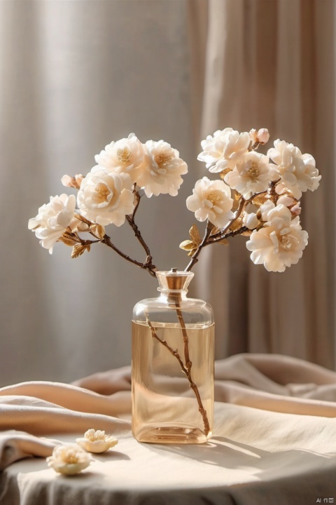  xihuwen, Beige bottle, left metering, flowers, small flower decoration, petals, home style, wide angle, e-commerce photography, simple tree branch light background