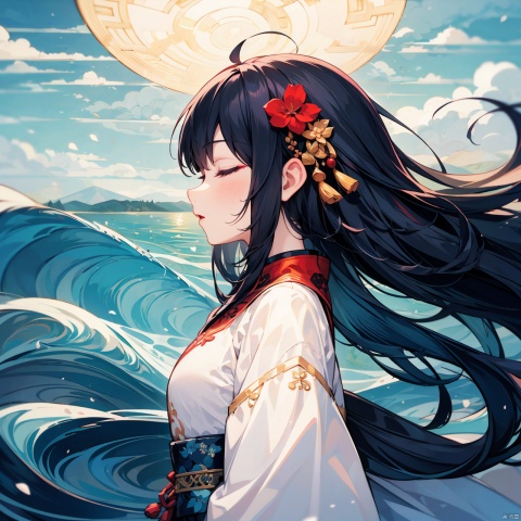  HTTP, 1girl, solo, long hair, closed eyes, chinese dress, hair ornament, hanfu, floating hair, waves, black hair, profile, upper body, makeup, from side, red lips, blue-purple theme, myuejin, cutegui