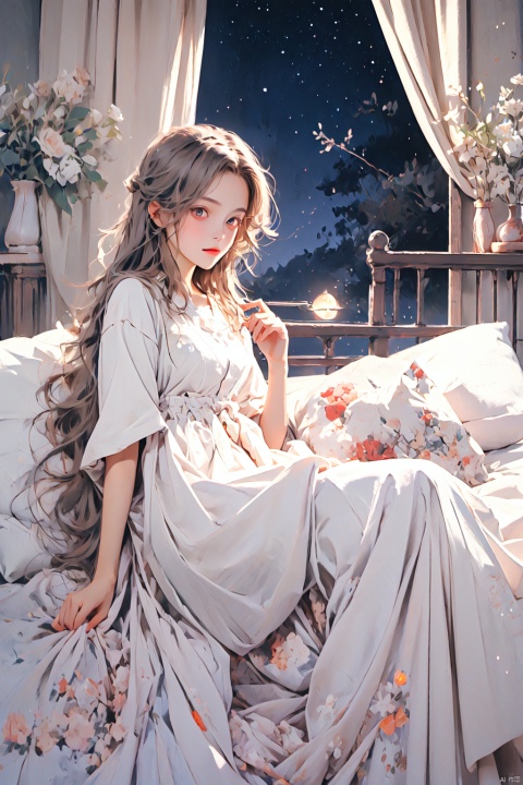 long white hair, red eyes, cute girl, lying in bed, nightgown, pillow, blanket, starry sky, moonlight, window, curtains, loli