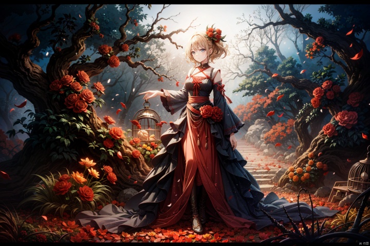  1girl,short hair,blonde hair,red gothic
clothes,red flowers,yellow flowers,thistles, thorns,forest,(gloomy,no light),(in cage),big red bowknot,(full body,wide shot,panorama), mfotou