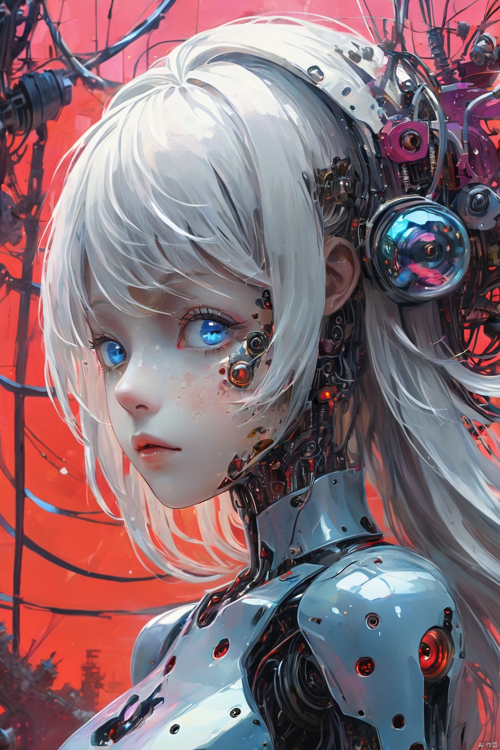  a semi-mechanical girl in a terrarium, experimental site, (best quality, 4k, 8k, highres, masterpiece:1.2), ultra-detailed, , long_hair and flowing white hair, blue-eyed robot, shattered body full s, half-android face, hyperpunk scene with unsaturated deep reds and purples, vibrant and vivid colors, ( high resolution:1.3), (zoom-in, ultra-fine painting, 2D anime:1.2), art by Yukito Kishiro, Lida, robotic decay, dystopian atmosphere, saturated, sci-fi trash, glowing mechanical eye, harsh shadows, dark clouds above,(low quality, normal quality, worst quality, jpeg artifacts), cropped, monochrome, lowres, low saturation,, lida, guoguo